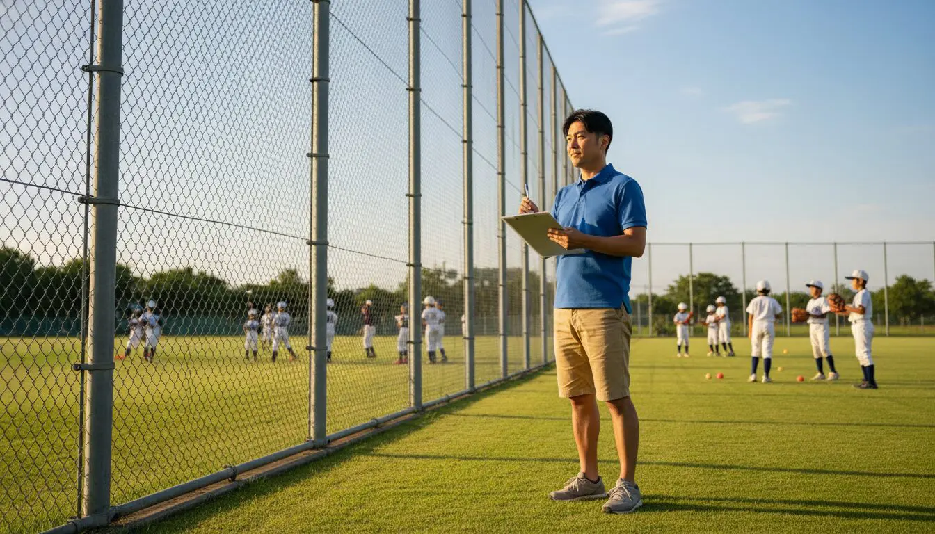 少年野球のグラウンドで安全確認をするパパ(生成AIによるイメージ)