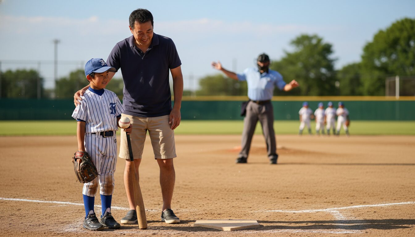 少年野球のグラウンドで笑顔で子供の肩に手を置く父親の姿(生成AIによるイメージ)