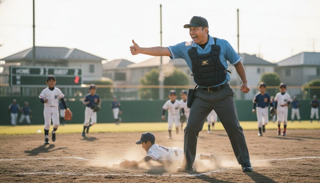 土煙を上げてスライディングしてくる子供のプレーに緊張し、判定に迷う塁審のパパ(生成AIによるイメージ)