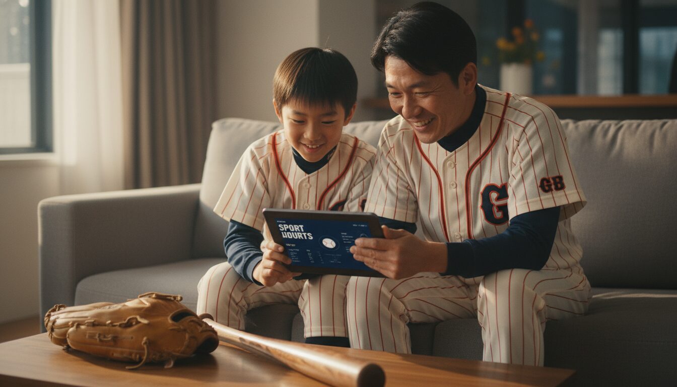 リビングのソファでタブレットの野球スケジュールを笑顔で確認する親子(生成AIによるイメージ)