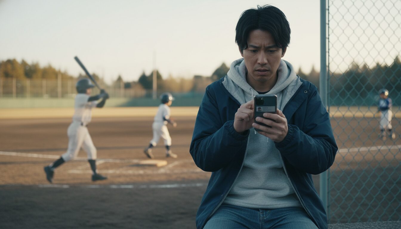 スマホを見てSNSのトラブルに悩む少年野球パパと背景で野球をする息子のシルエット(生成AIによるイメージ)