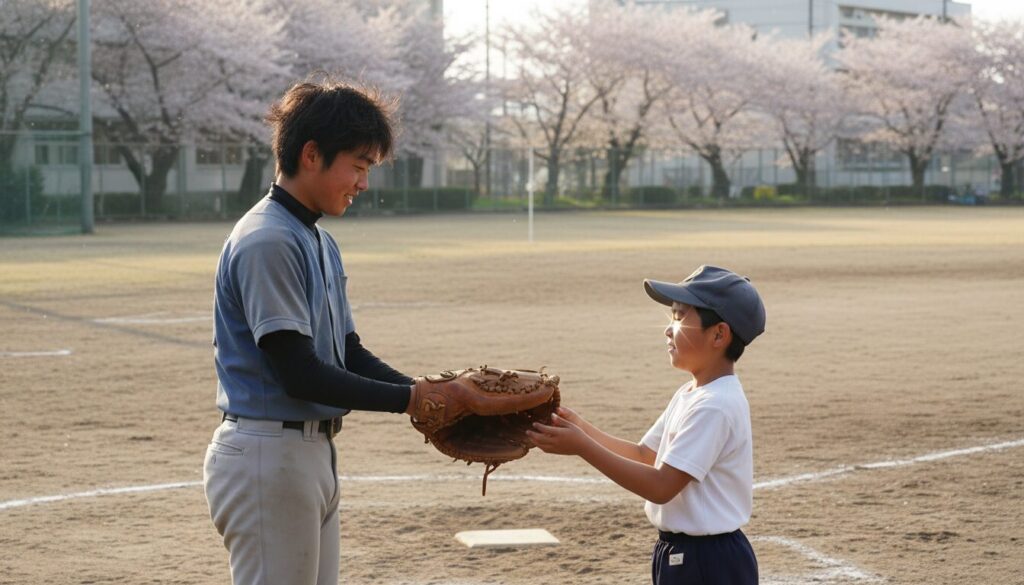 先輩から後輩へ使い込まれたキャッチャーミットが手渡されているシーン(生成AIによるイメージ)