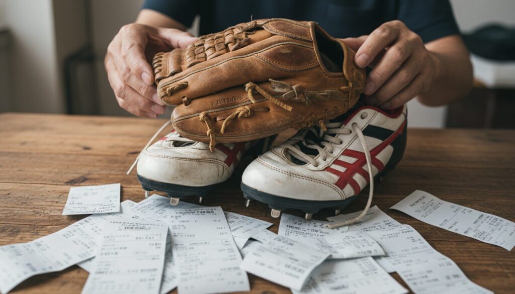 使い込まれたグローブやスパイクと出費を象徴するレシート(生成AIによるイメージ)