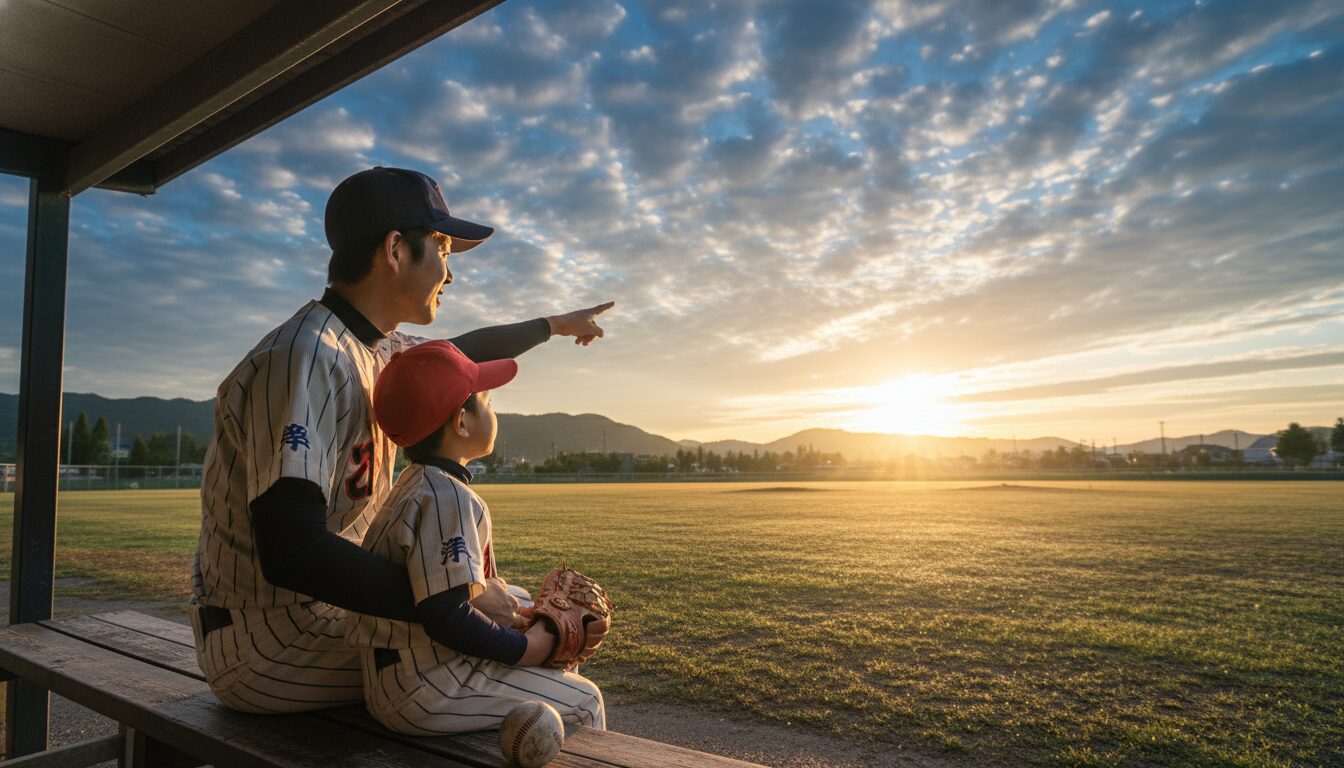 広い空を見上げる少年野球の息子と笑顔で寄り添う父親(生成AIによるイメージ)