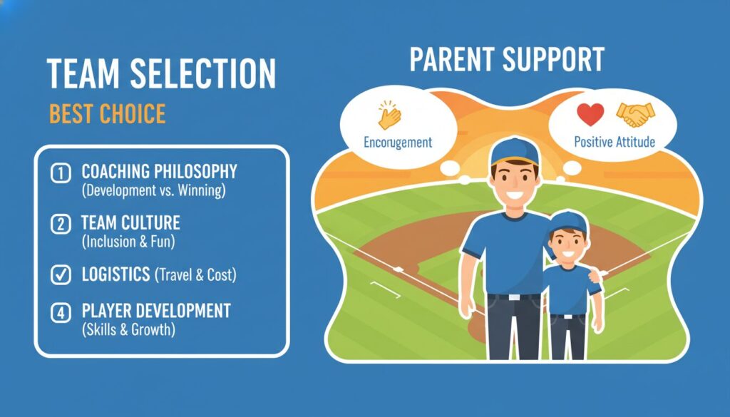 少年野球のチーム選びと親のサポートのポイントを示すインフォグラフィック(生成AIによるイメージ)