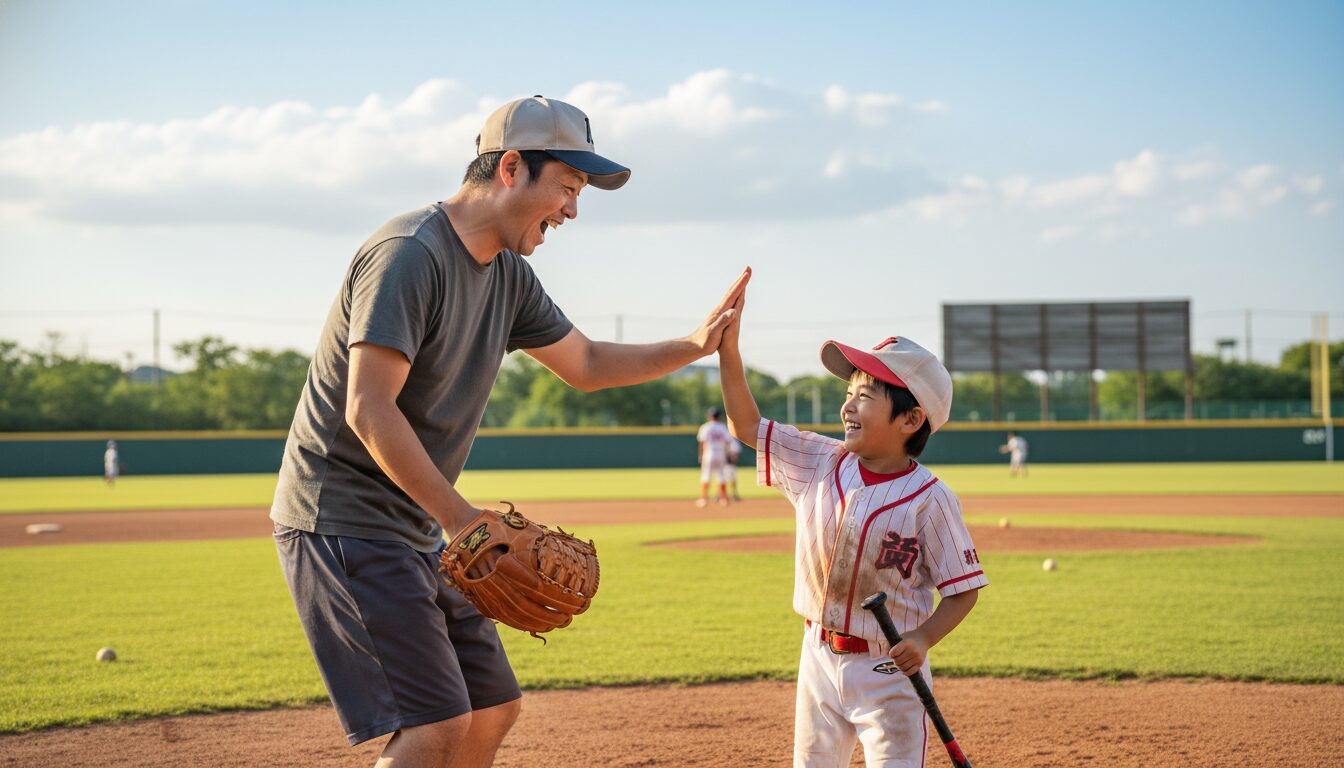 泥だらけのユニフォームを着た息子と笑顔でハイタッチをする野球未経験の父親(生成AIによるイメージ)