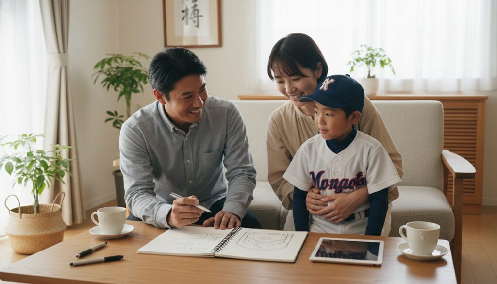 リビングで前向きに野球の費用や予定を相談する家族(生成AIによるイメージ)