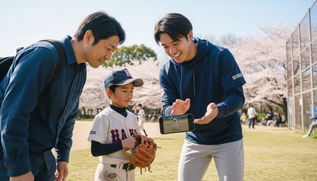 職場の野球経験者にスマホの動画を見てもらいながら指導を受ける親子(生成AIによるイメージ)
