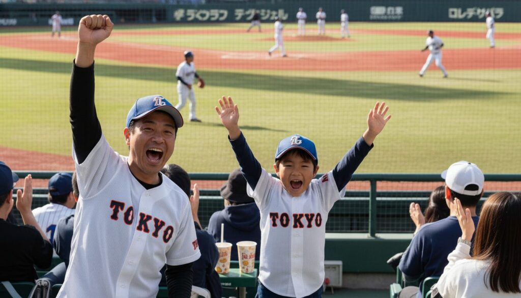 日当たりの良いローカル球場のスタンドから熱心に野球観戦をする親子(生成AIによるイメージ)