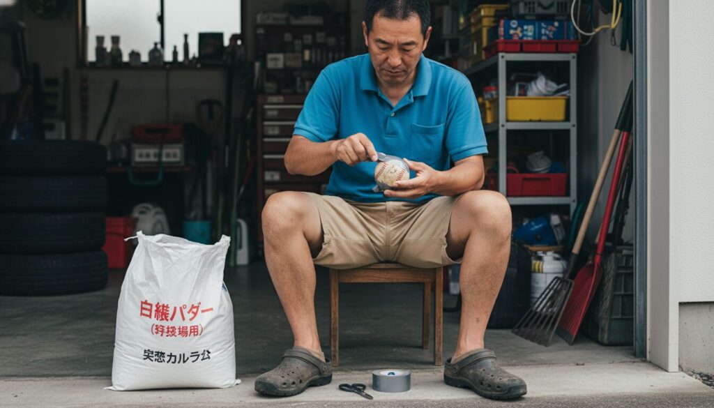 ガレージでボロボロの野球ボールをガムテープで一生懸命補修している父親(生成AIによるイメージ)