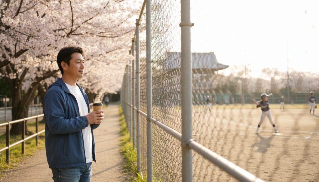フェンス越しにコーヒーを片手にリラックスして息子の練習を見守る父親(生成AIによるイメージ)