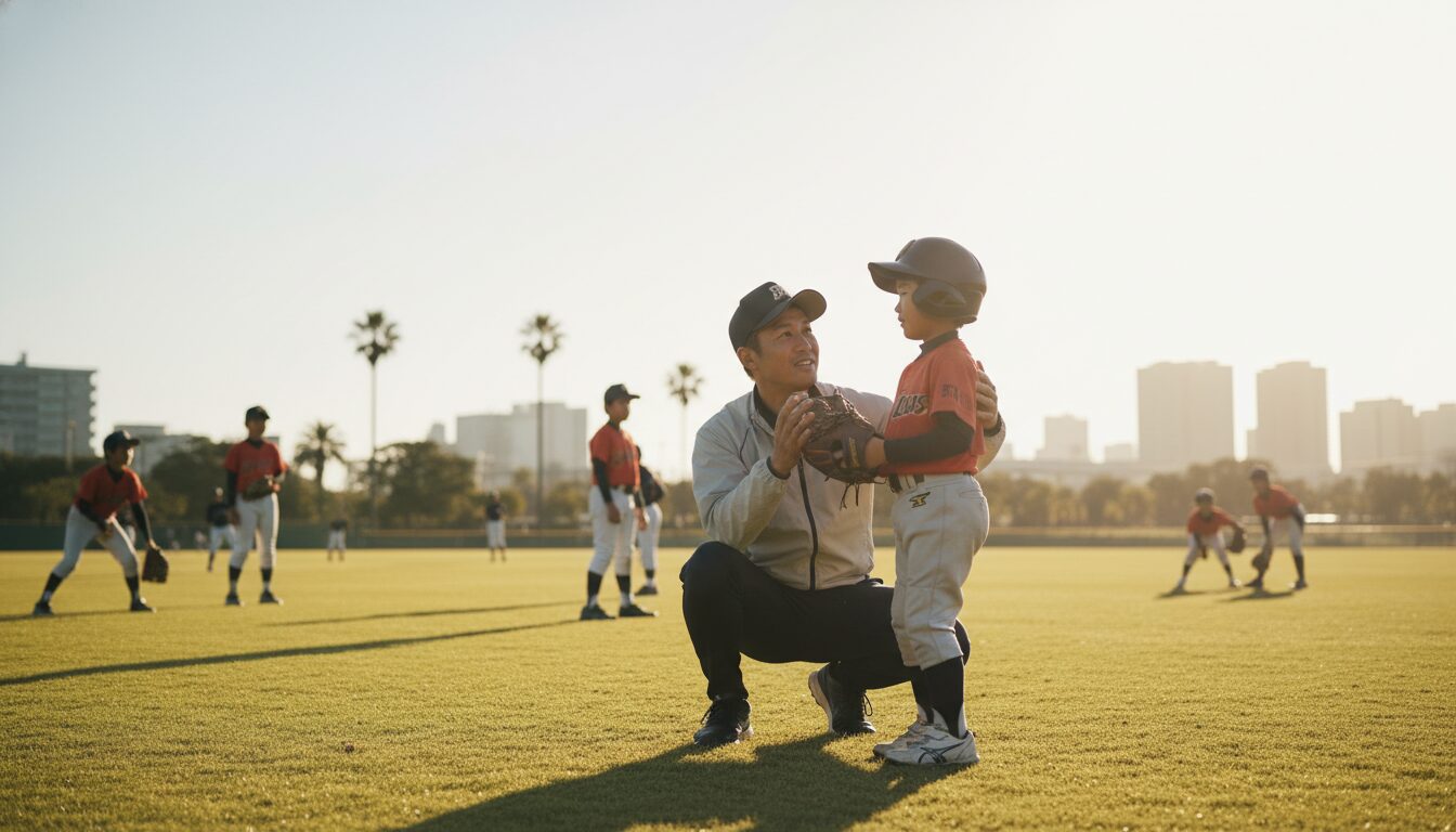創部3年目で全国制覇！「ドミニカ流指導」と「小さな努力」が少年野球チームを変える秘訣をイメージした親子の野球シーン (生成AIによるイメージ)