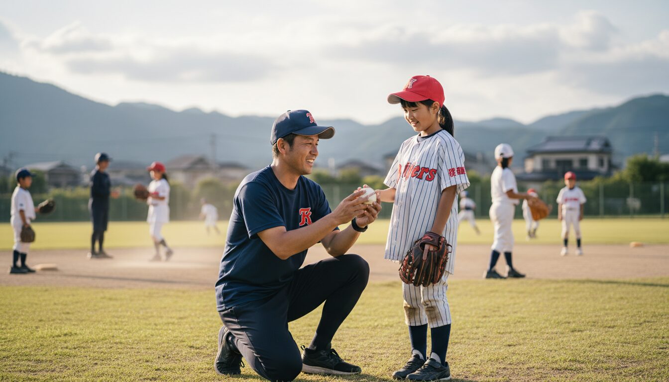 娘の「野球やりたい！」を全力応援するパパのサポート術を表現した本文中盤のイメージ (生成AIによるイメージ)