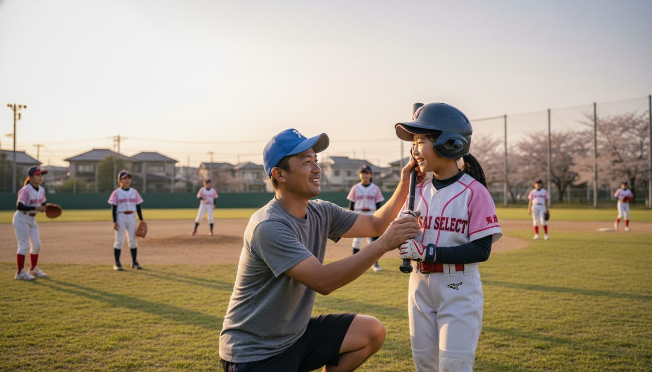 【女子野球の夜明け】関西女子選抜の初代女王に学ぶ！女の子が野球を続けるための環境作りとパパのサポート術をイメージした親子の野球シーン (生成AIによるイメージ)