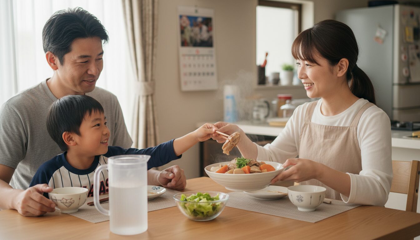 我が家の食卓事情：妻の「作り甲斐」と息子の「おいしい」を表現した本文中盤のイメージ (生成AIによるイメージ)