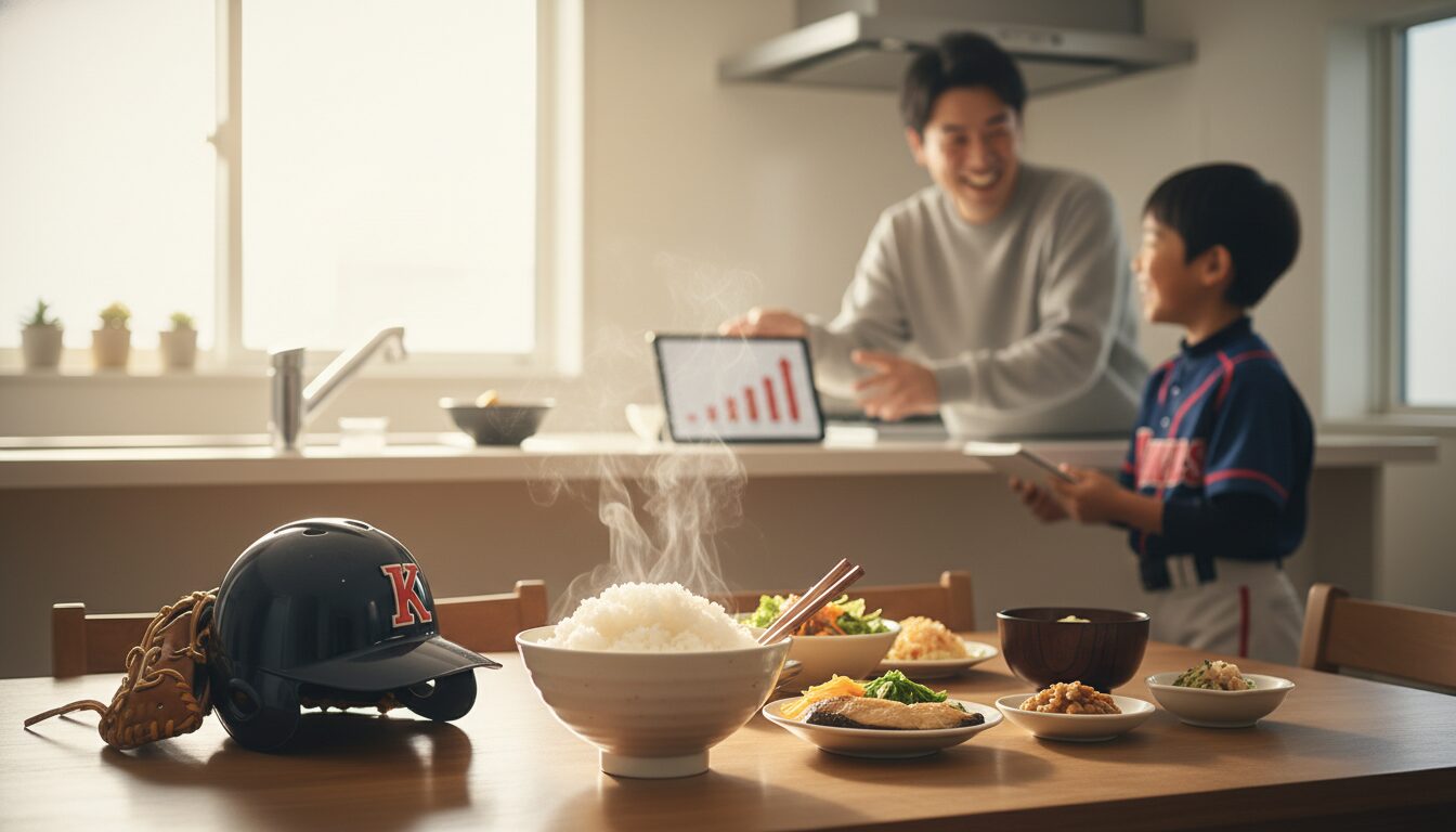 「白米1キロ」は科学のスパイス！少年野球の食育をアップデートする未経験パパの食卓論をイメージした親子の野球シーン (生成AIによるイメージ)