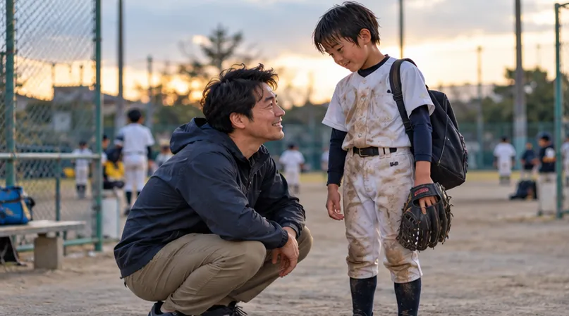 練習帰りの泥だらけの息子を、父親が笑顔で迎える（生成AIによるイメージ）