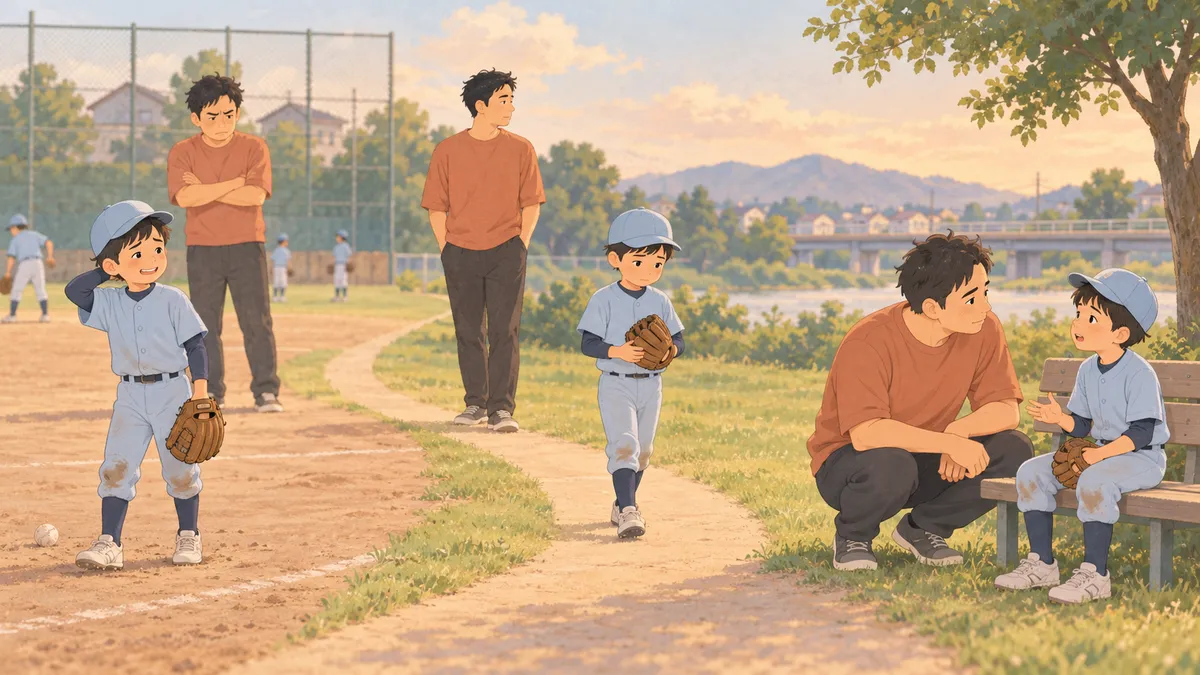 子の照れ笑いを見た親が、一呼吸置き、落ち着いて本人の話を聞く流れ。(生成AIによるイメージ)