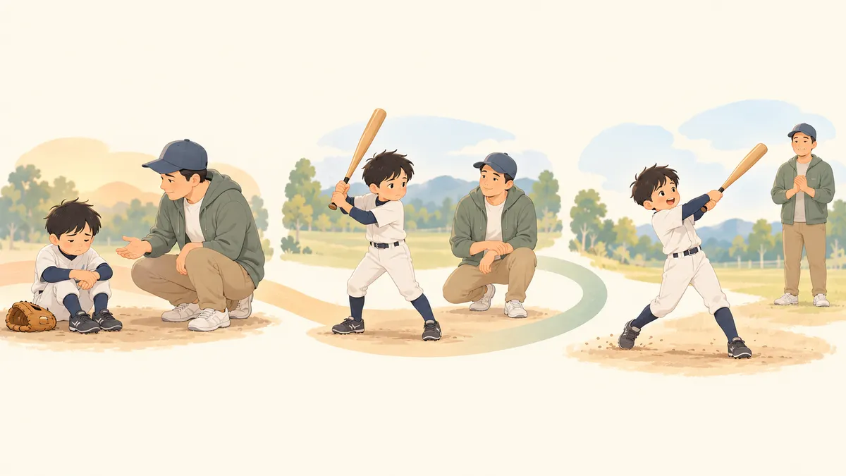 父の問いかけに子が考え、自分で再びスイングを試す流れ（生成AIによるイメージ）