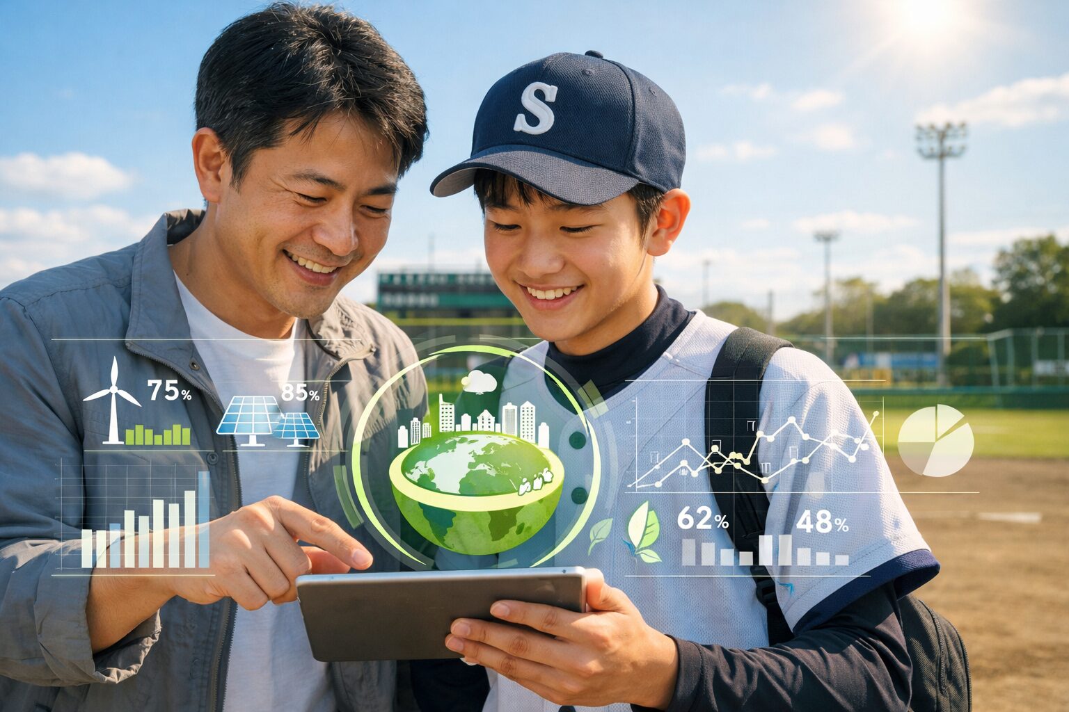 野球のユニフォームを着た中学生の息子とタブレットでデータを見る父親(生成AIによるイメージ)