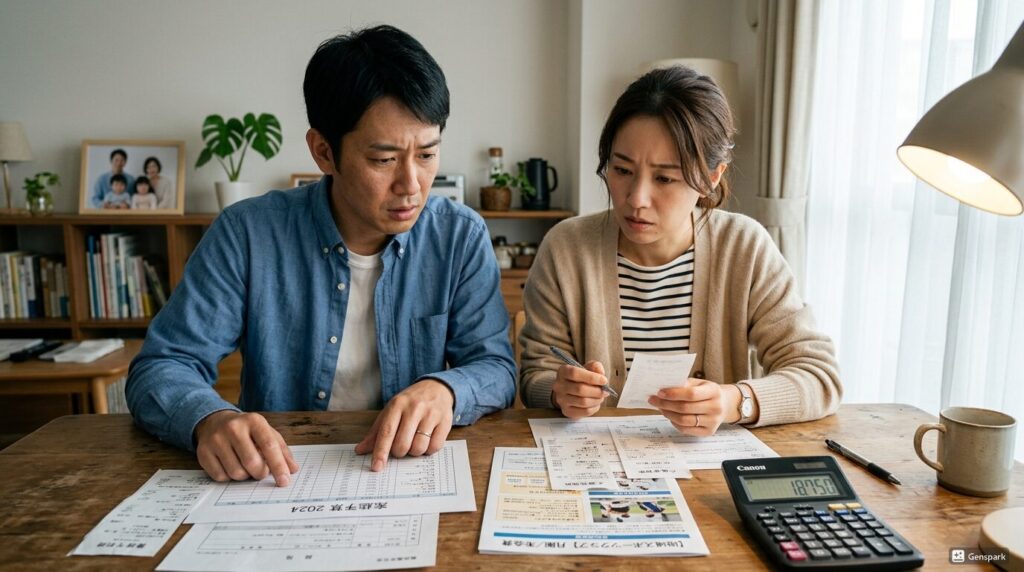 部活動の地域クラブへの移行のプリントや電卓を見ながら相談する両親(生成AIによるイメージ)