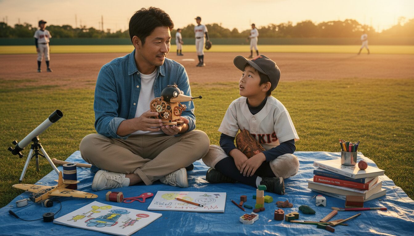 「モグラ型ロボ」が教えてくれた！野球以外のアイデアをグラウンドに持ち込む、子供の創造性を育む親の関わり方をイメージした親子の野球シーン (生成AIによるイメージ)