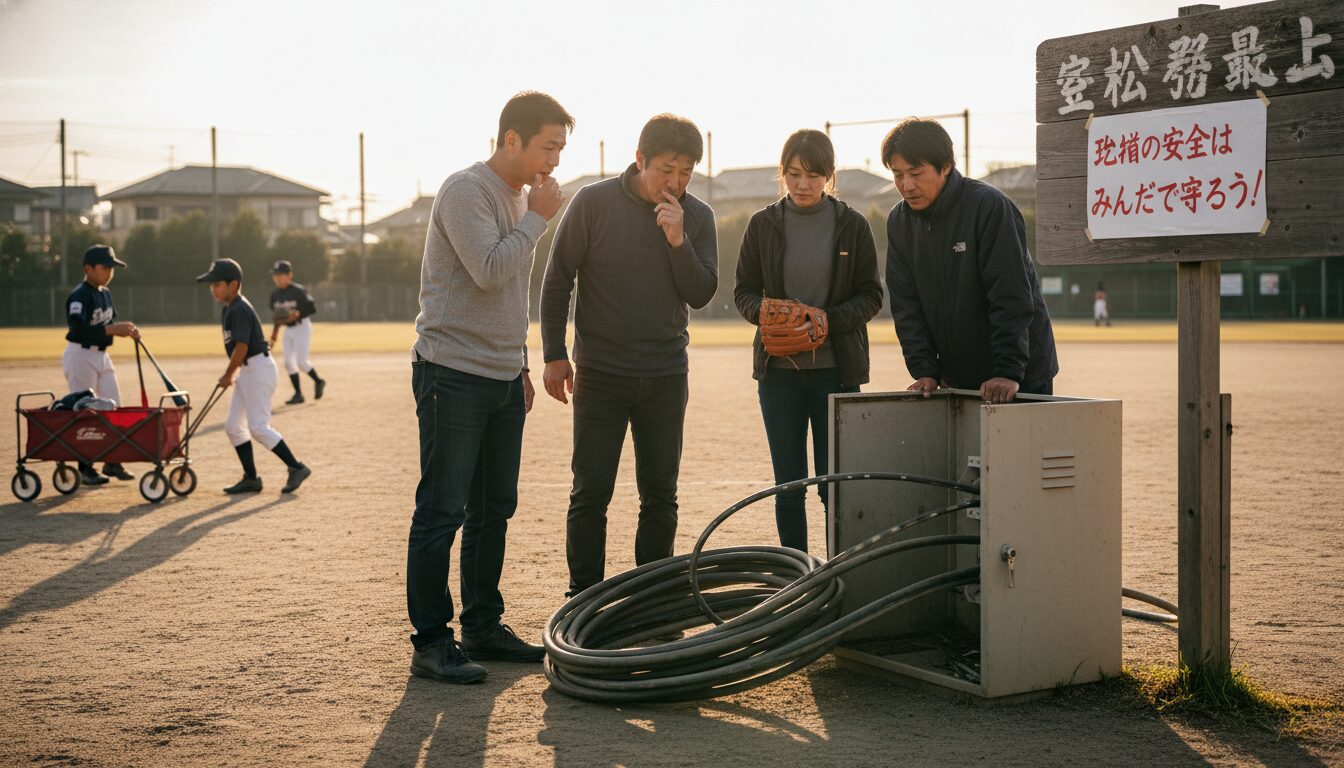 【少年野球の危機管理】野球場のケーブル窃盗事件から考える、未経験パパが知るべき「グラウンド防犯」と地域連携をイメージした親子の野球シーン (生成AIによるイメージ)