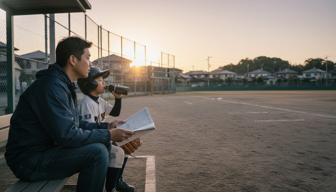 「一死二塁と二死三塁、どっちが点を取りやすい？」監督への質問から見えた、少年野球の『野球脳』の鍛え方をイメージした親子の野球シーン (生成AIによるイメージ)