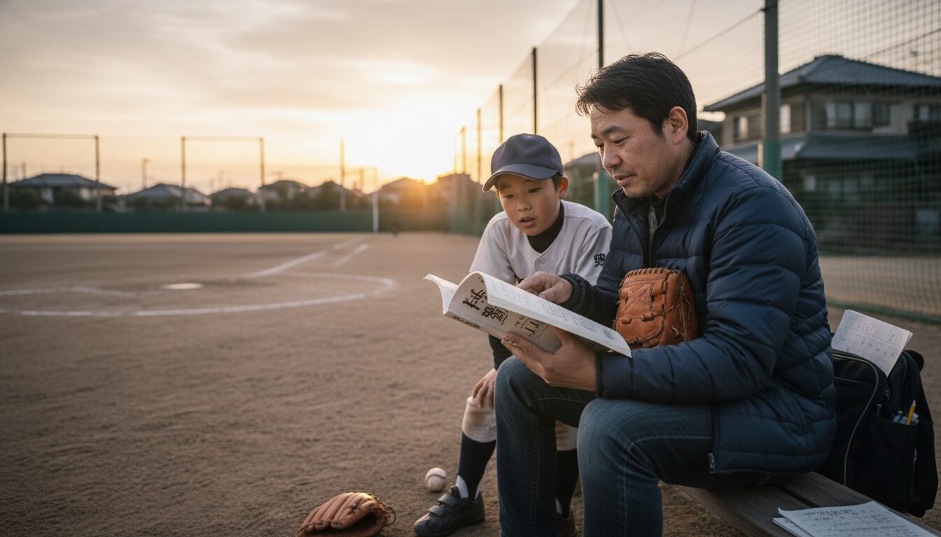 プロも注目！東大野球部員に学ぶ「文武両道」の極意と、未経験パパのリアルな失敗談をイメージした親子の野球シーン (生成AIによるイメージ)