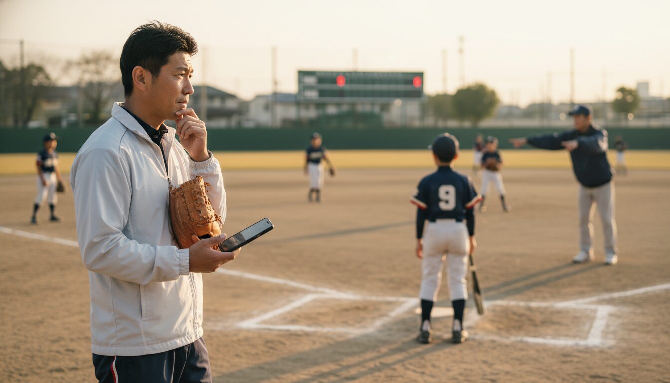 「1番起用」の裏側を子供に教える！DeNA牧選手に学ぶ、打順の役割と意外な戦略をイメージした親子の野球シーン (生成AIによるイメージ)