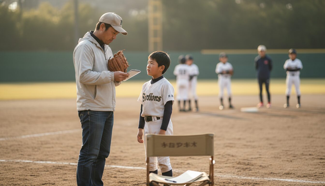 【少年野球の危機管理】高野連トップ辞任劇に学ぶ！指導者の不祥事から我が子を守る「親の防衛策」とチーム規約のチェックリストをイメージした親子の野球シーン (生成AIによるイメージ)