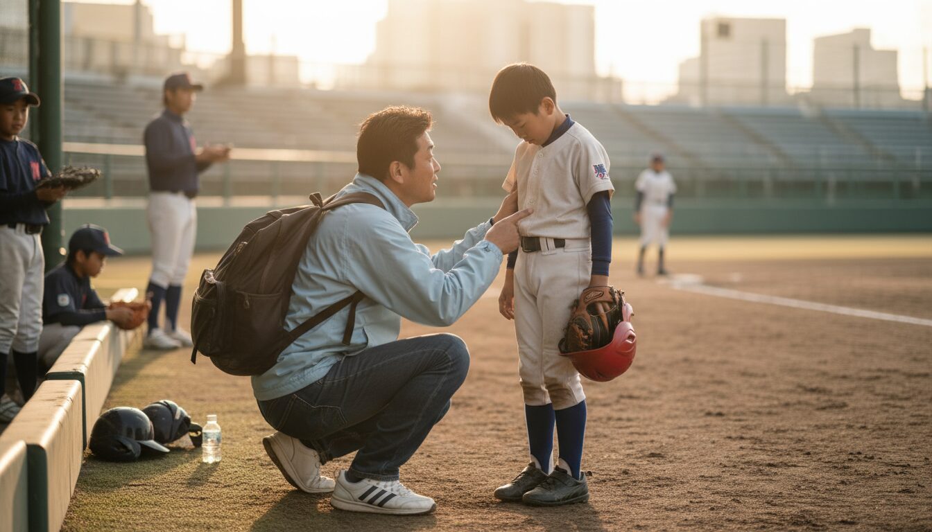 野球未経験パパだからできる「フラットな視点」の提供を表現した本文中盤のイメージ (生成AIによるイメージ)