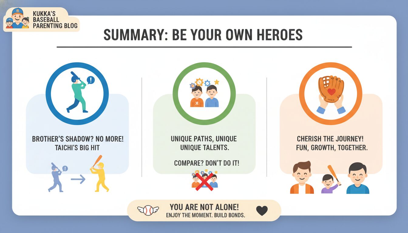 まとめ：兄弟それぞれの「主人公」になる野球ライフをの要点を整理したまとめイメージ (生成AIによるイメージ)