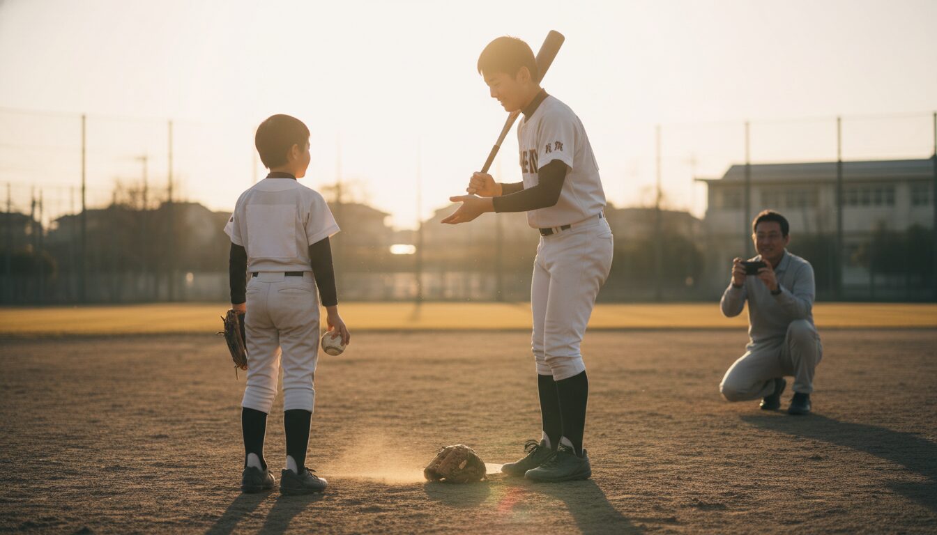 「お兄ちゃんは凄いのに」の呪縛を解く！巨人・浅野の弟に学ぶ、兄弟野球の自己肯定感を守るパパの会話術をイメージした親子の野球シーン (生成AIによるイメージ)