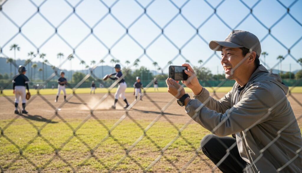 フェンス越しに息子の野球の練習をスマホで撮影するパパ(生成AIによるイメージ)