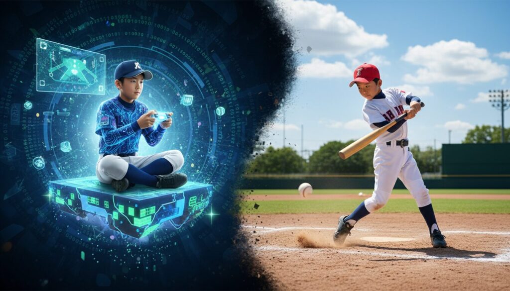 デジタルの野球ゲーム体験が現実のグラウンドでのスイングへとシームレスに繋がっていく様子(生成AIによるイメージ)