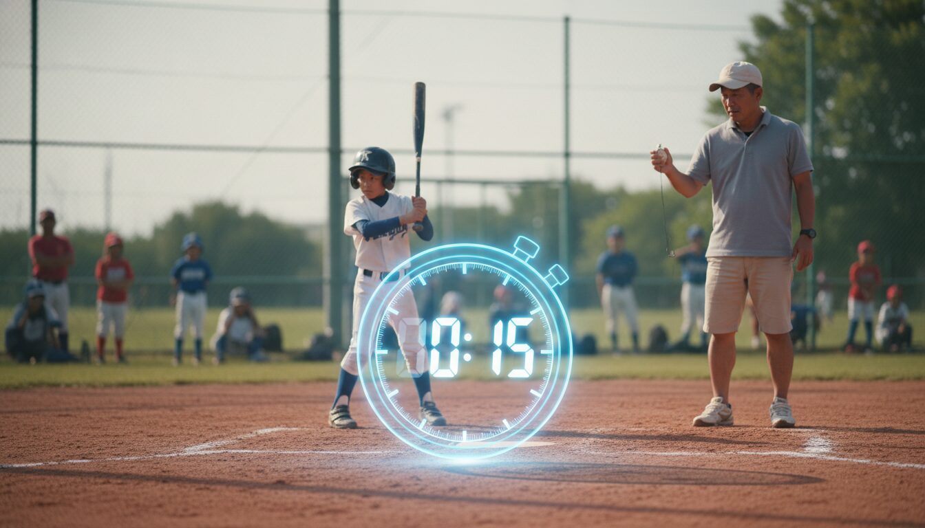 グラウンドに浮かぶデジタル時計と、ストップウォッチを持って困惑する野球パパ(生成AIによるイメージ)
