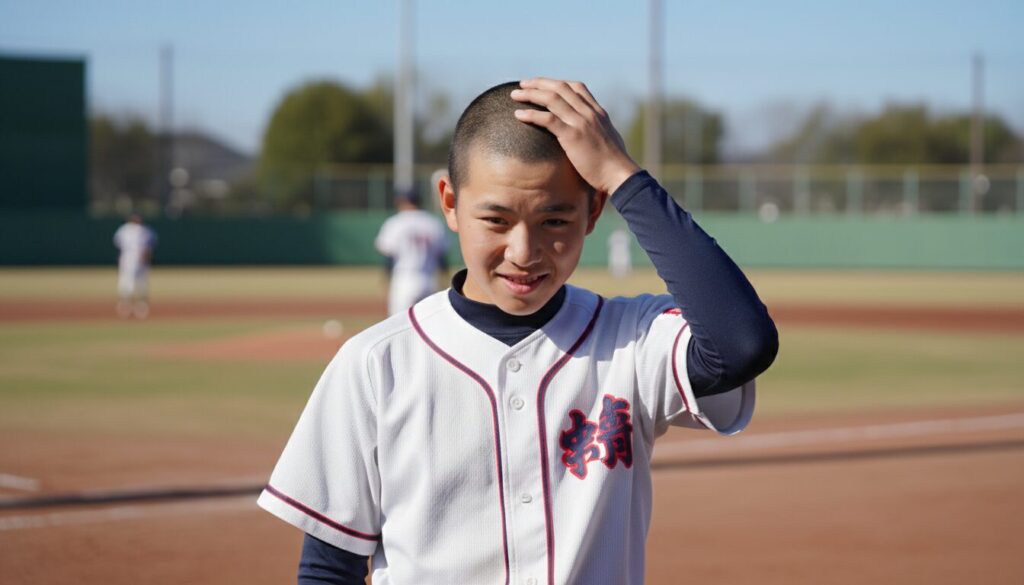 坊主頭に戸惑いながらグラウンドに立つ野球少年の姿(生成AIによるイメージ)