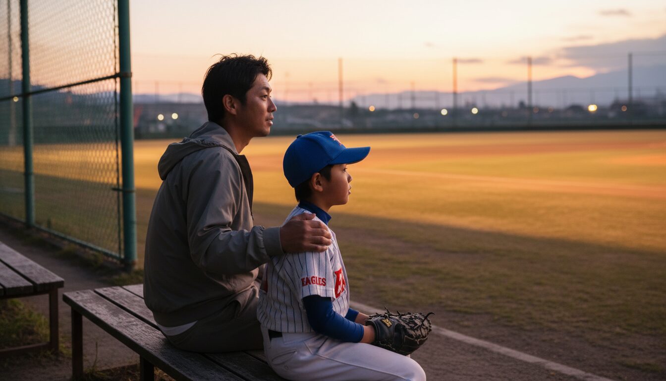 夕暮れのグラウンドのベンチで肩を並べて座り、希望に満ちた表情で前を見つめる少年野球の息子と優しい笑顔で肩に手を置く父親(生成AIによるイメージ)