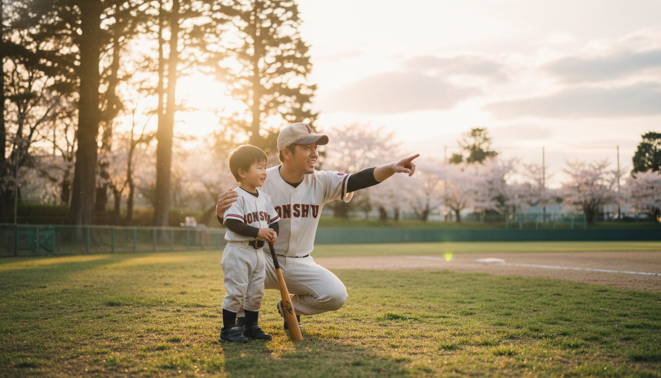 少年野球のグラウンドで息子を励ます父親の姿(生成AIによるイメージ)