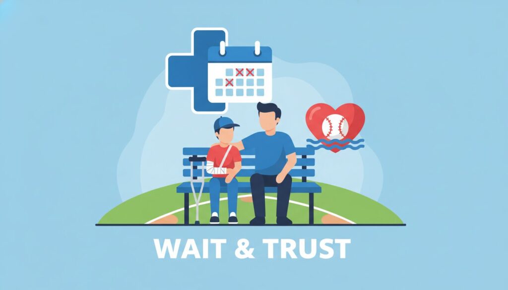 怪我からの復帰と親のサポートを示す3つのポイントのイラスト(生成AIによるイメージ)