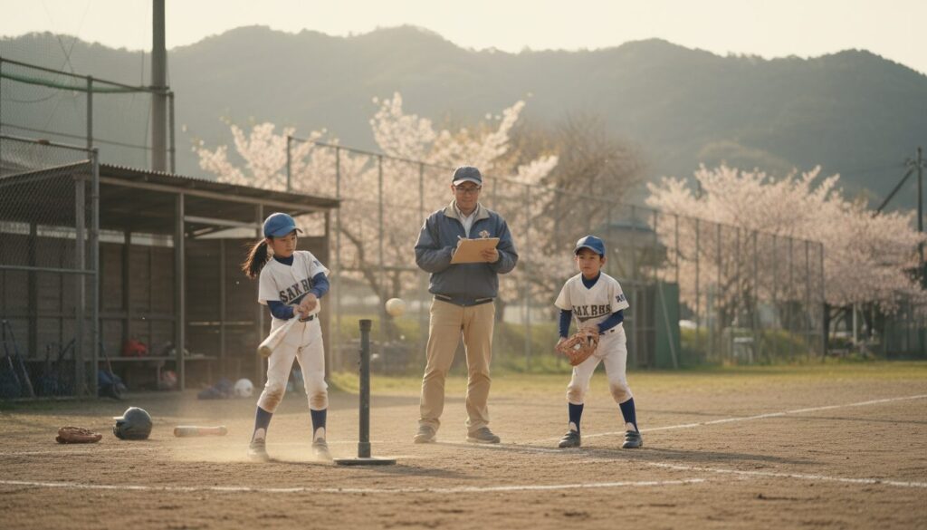 男の子と一緒に真剣に野球の練習に取り組むポニーテールの少女と見守る未経験パパ(生成AIによるイメージ)