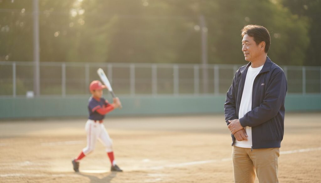 口出しせずに温かい眼差しで息子の素振りを見守る父親(生成AIによるイメージ)