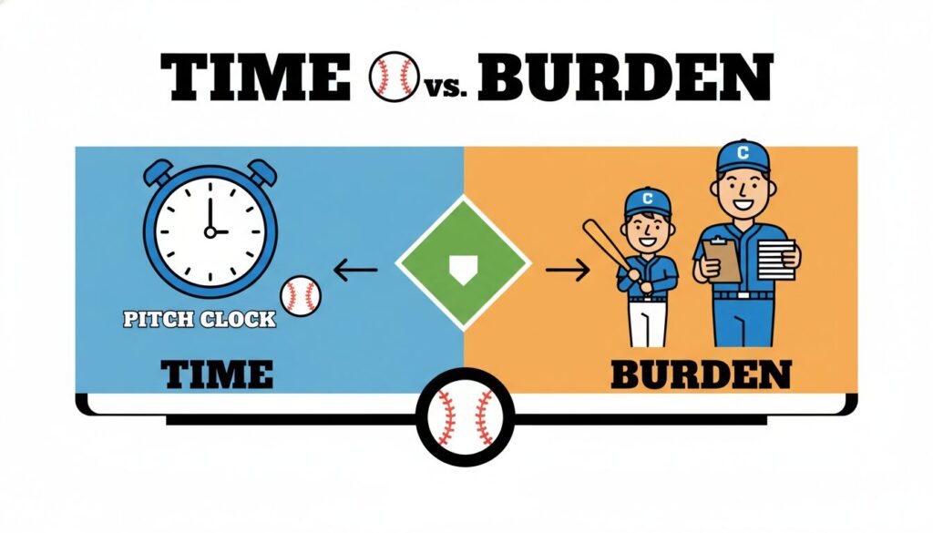 試合時間短縮と保護者の負担のバランスを示すインフォグラフィック(生成AIによるイメージ)