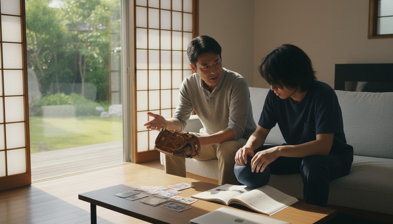 息子と野球のルールについて話し合い、悩む父親(生成AIによるイメージ)