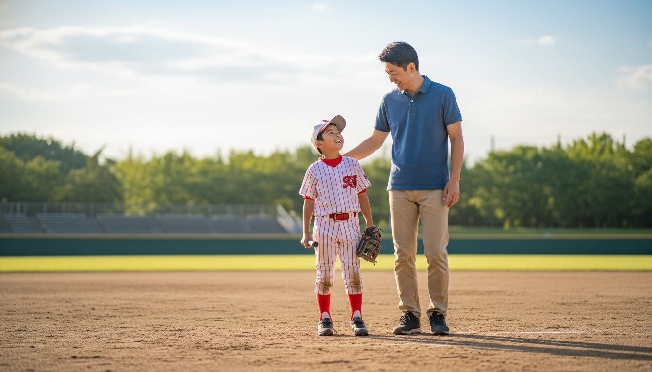 グラウンドで笑顔で息子の肩を叩き、温かく励ます少年野球パパの姿(生成AIによるイメージ)