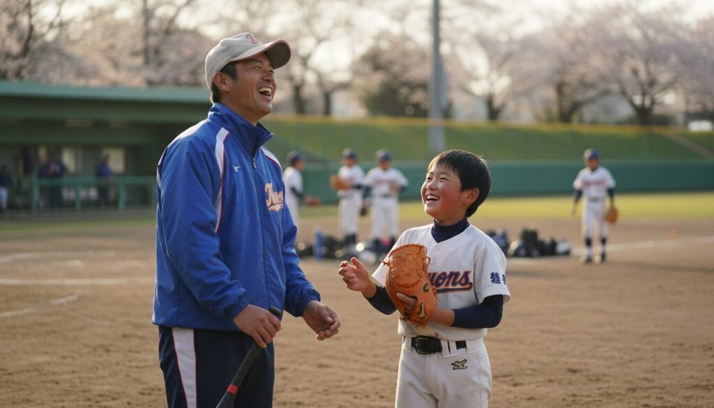 厳しい練習の後に選手と笑顔でコミュニケーションをとる指導者(生成AIによるイメージ)
