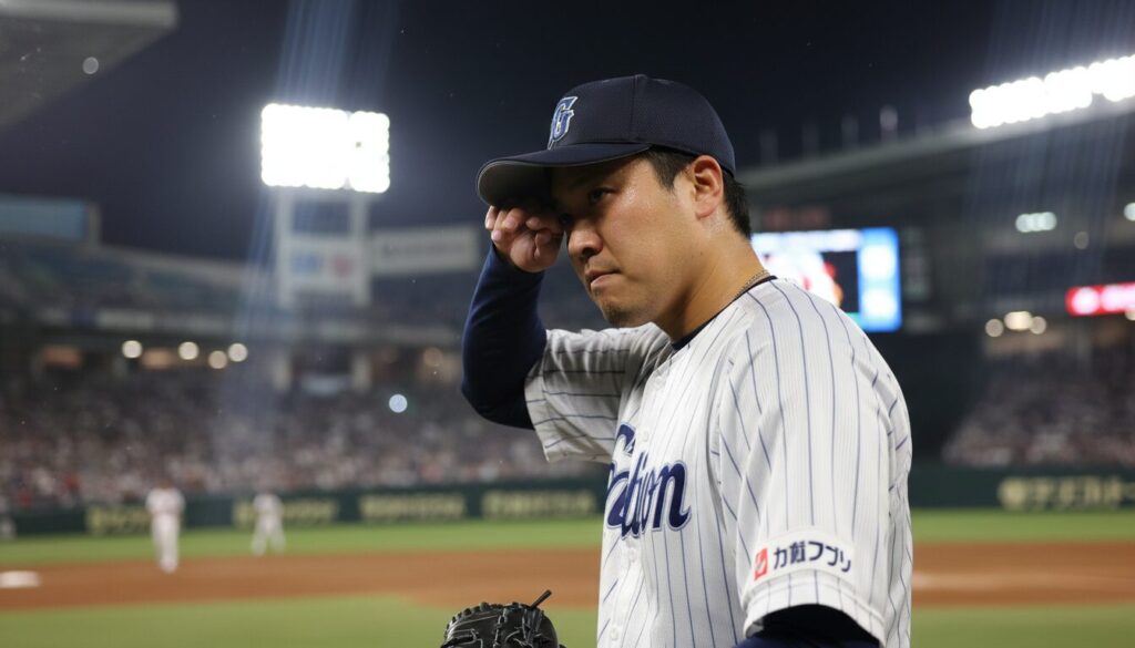 マウンド上で汗を拭いながら、長年の苦闘の末に力強い決意の表情を見せる日本人プロ野球のピッチャー(生成AIによるイメージ)