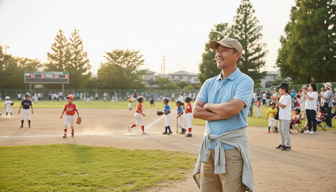 グラウンド全体を温かい目で見守る少年野球パパ(生成AIによるイメージ)