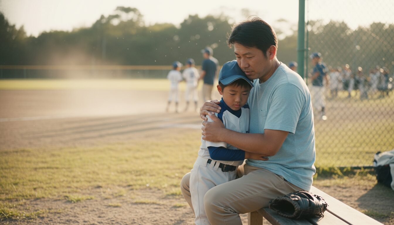 少年野球のユニフォームを着た息子を優しく励ます父親(生成AIによるイメージ)